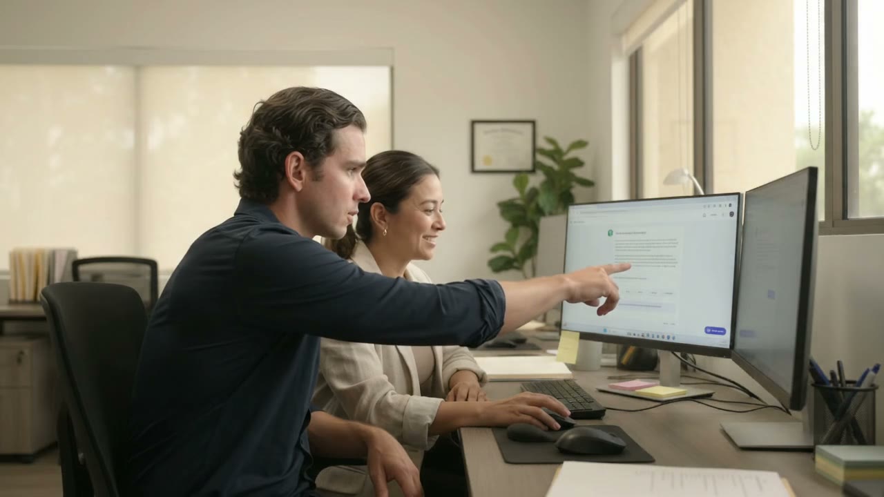 Illustrative scene of Medardo guiding an owner at a workstation